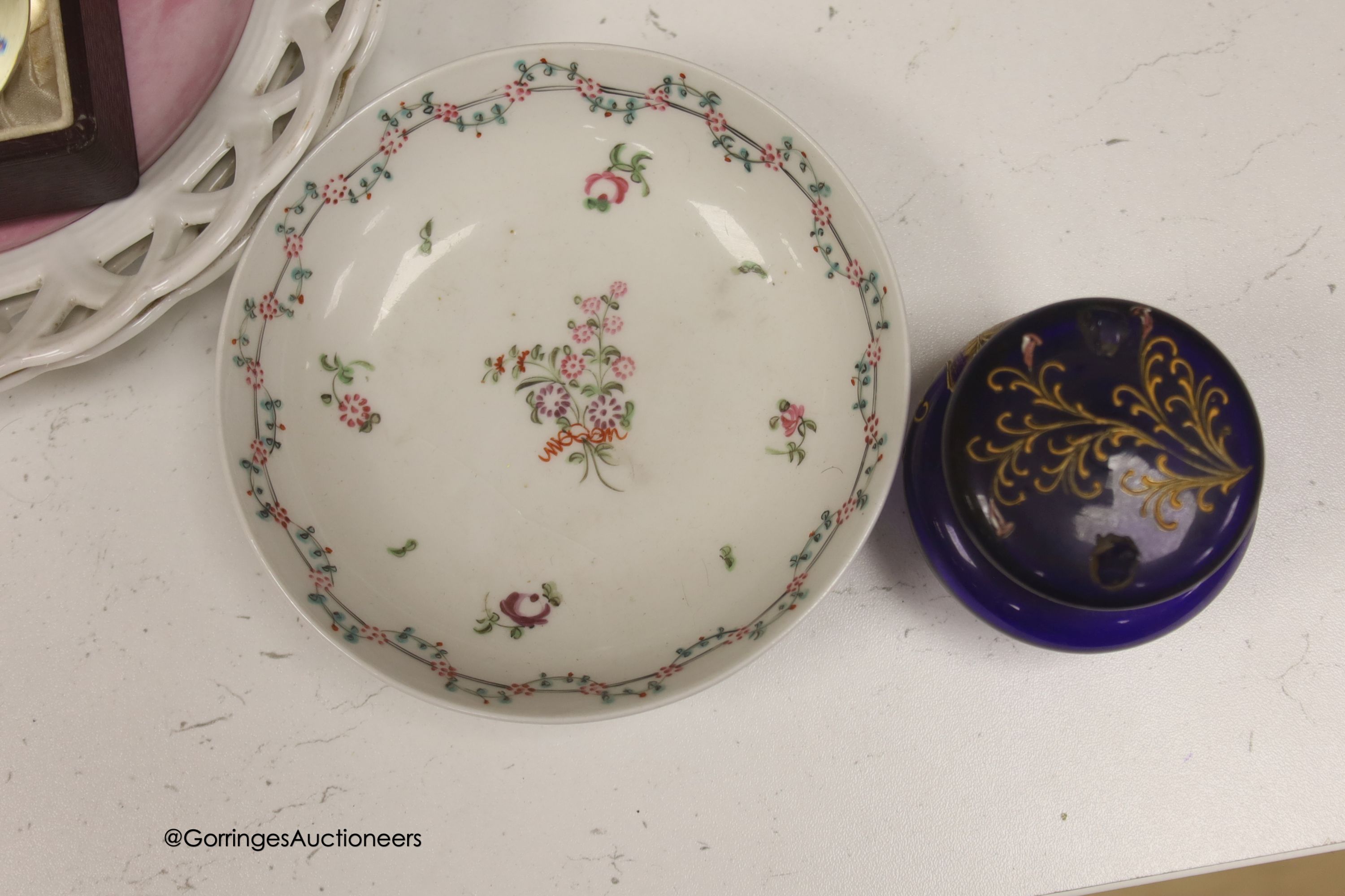 A pair of Sitzendorf porcelain figures, a pair of green vases and a clairvoyance crystal with instructions etc